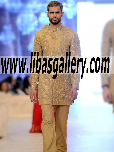 hsy golden short length pakistani wedding sherwani with pants and golden silver mix hand embellishment for barat and walima day taiwan singapore hong kong